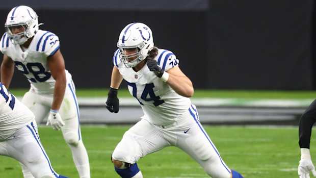Indianapolis Colts offensive left tackle Anthony Castonzo prepares to block in a road win at Las Vegas in 2020.